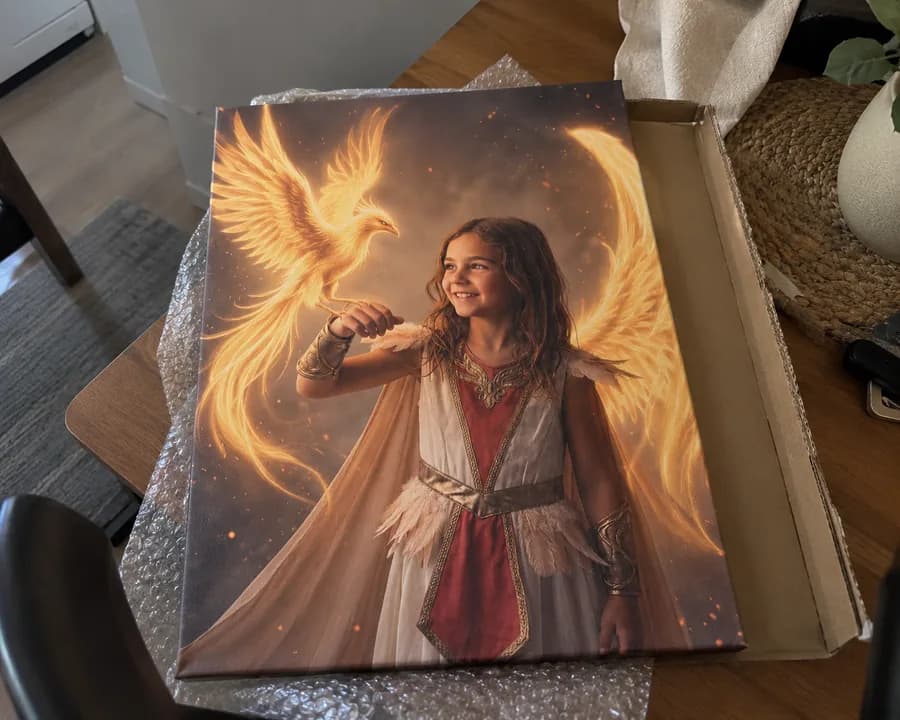 Retrato personalizado de una niña junto a un fénix impreso en lienzo