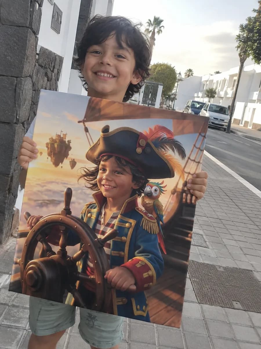 Niño mostrando su retrato personalizado de pirata impreso en lienzo