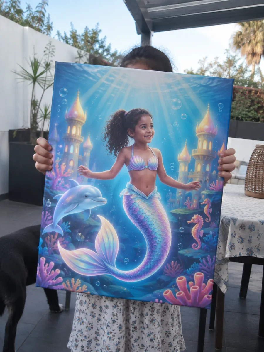 Niña mostrando su retrato personalizado de sirena impreso en lienzo